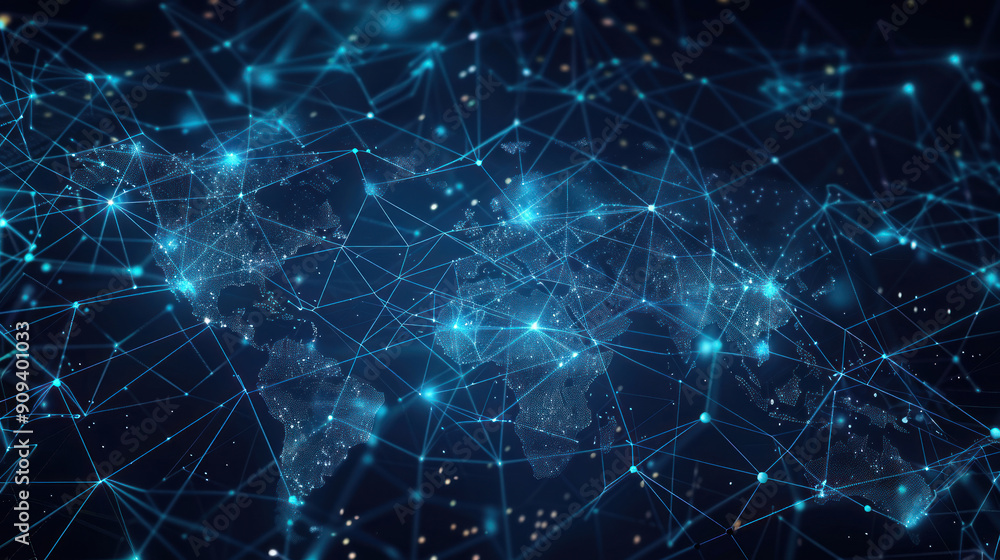 World map with interconnected lines and nodes, illustrating global ...