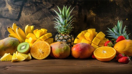 Fresh pineapple with summer seasonal fruit on table