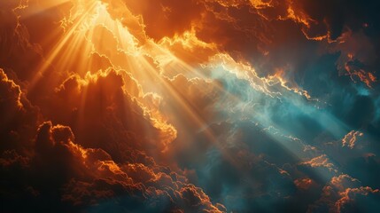 Wall Mural - ethereal rays of light breaking through clouds in a dramatic sky creating a heavenly atmosphere with soft glowing colors