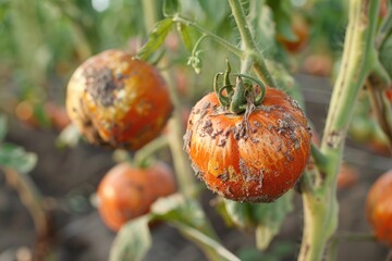 Sticker - A few tomatoes are hanging from a plant. One of them is covered in spots and has a few holes in it