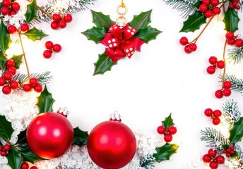 Poster - Christmas Ornaments and Holly Border on White Background.