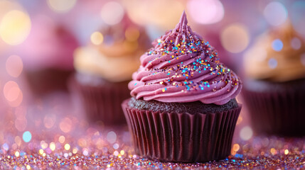 Wall Mural - vibrant pink chocolate cupcakes with glittery toppings