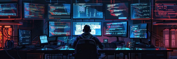 Leinwandbilder - A hacker works diligently at a desk, immersed in data on various computer screens in a dark, ambient environment. Generative AI