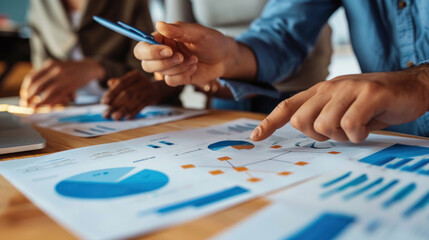 Wall Mural - Close-up of hands pointing at a marketing analysis report during a real estate business meeting