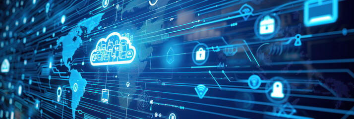 Wall Mural - Close-up of a digital interface showing data processing, cloud computing, and global business network connections