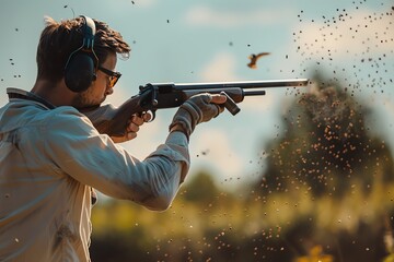 Man wearing protective gear and sunglasses shooting a shotgun outdoors with shell casings mid-air, showcasing dynamic action and precision.