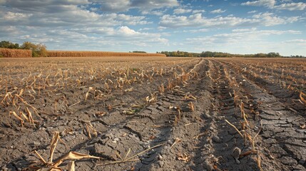 Wall Mural - A dry, cracked field with a few weeds growing in the dirt. The sky is clear and blue