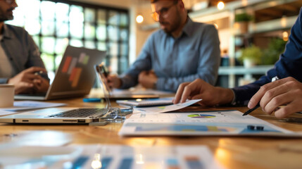 Wall Mural - Business meeting with real estate brokers and startup founders reviewing a marketing presentation, close-up shot