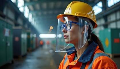 Female worker in a factory, wearing a yellow hard hat and face shield.