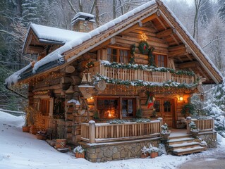 Festive log cabin nestled in snow-covered forest with Christmas lights, wreaths, and greenery, evoking cozy holiday warmth and rustic charm