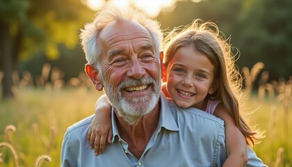 Happy Granddaughter Hugging Grandfather in a Field.