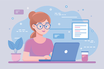 Young woman with laptop. Woman IT developer. Remote work, freelance concept