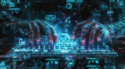 Leinwandbilder - A hacker's hands move quickly over a keyboard, surrounded by glowing digital symbols and codes, embodying the essence of cyber activity. Generative AI