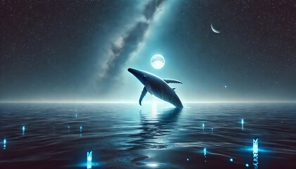 Wall Mural - A hyper-realistic depiction of a serene ocean night with one whale. The sky transitions from deep blue near the horizon to darker shades higher up. 