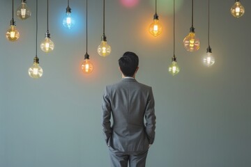 A man in a suit stands facing colorful hanging light bulbs on a minimalist wall.