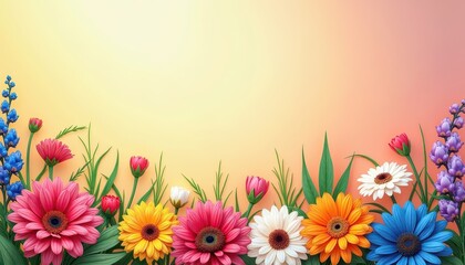 Poster - Colorful Flowers on a Pastel Background.