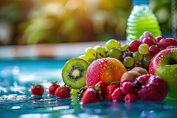 Wall Mural - A bunch of fruit is floating in a pool of water. The fruit includes apples, grapes, and strawberries