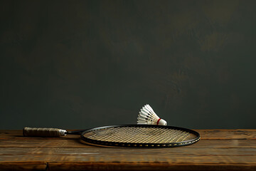 Wall Mural - badminton shuttlecock and racket isolated on a dark background with copy space text
