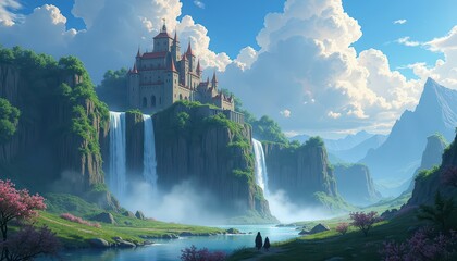 Poster - Majestic Castle on a Cliff with Waterfall and Mountains.