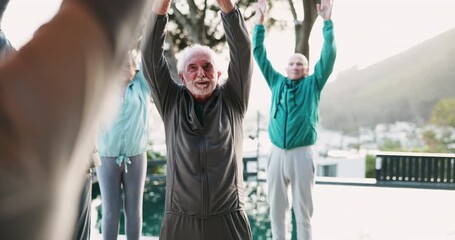 Wall Mural - Fitness, personal trainer and stretching with senior yoga class outdoor in city for exercise or wellness. Assisted living, mobility or pilates and elderly people with coach for balance or breathing