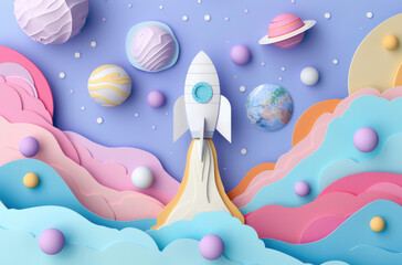 Wall Mural - Cute cartoon style background with colorful paper cut space theme elements, planets and rockets, pink blue yellow color scheme, flat design