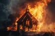 © ylivdesign - Church burning intensely at night with an ominous sky in the background