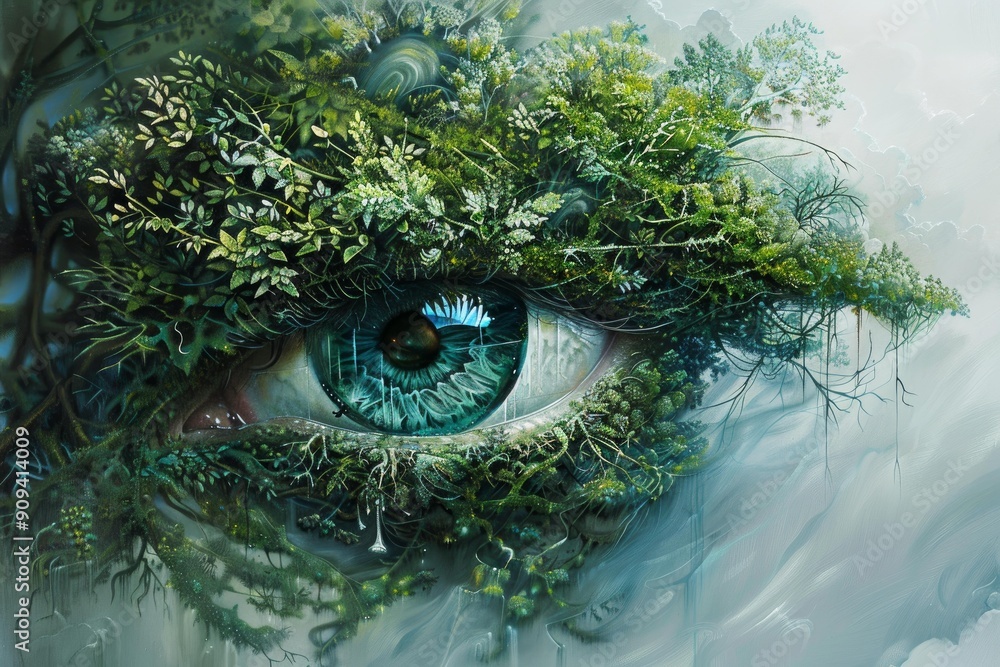 Surreal digital painting showing a human eye with plants and trees ...