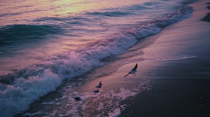 Wall Mural - Seagulls Flying Over a Foamy Shore