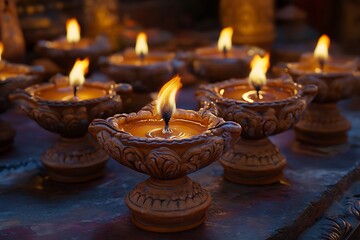 Wall Mural - Clay diya lamps lit during diwali celebration