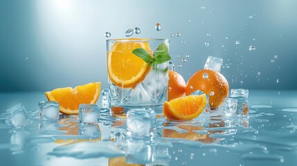 Fresh orange fruit with ice cube