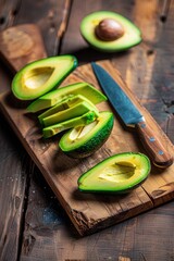 Poster - Fresh avocado fruit slices on wooden cutting board with knife