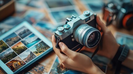 Wall Mural - A person is holding a camera and a tablet with pictures on it