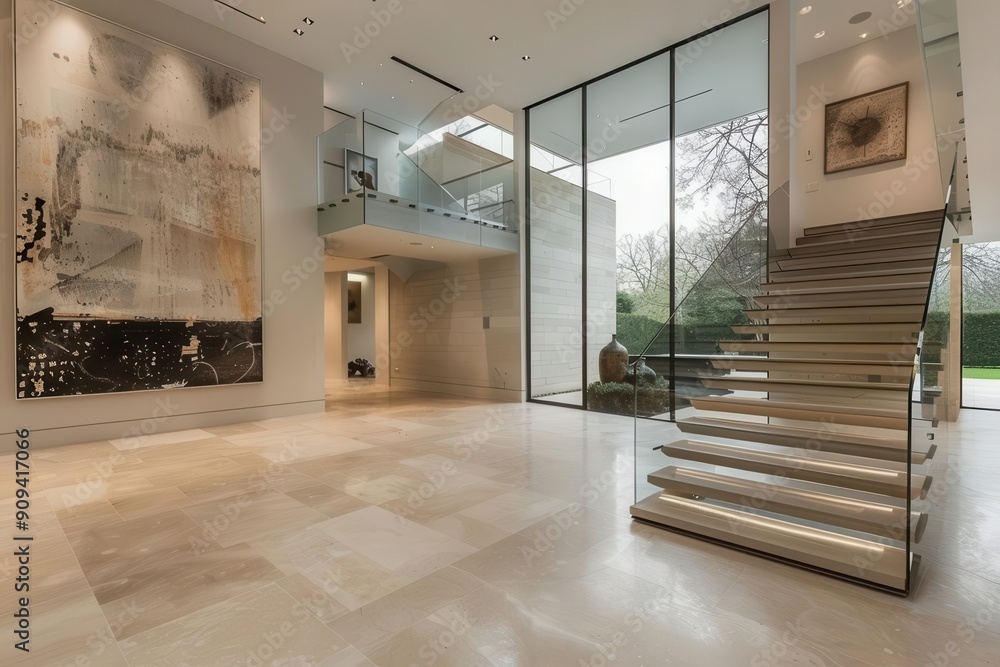 grand entrance hall of a modern villa featuring a floating staircase ...