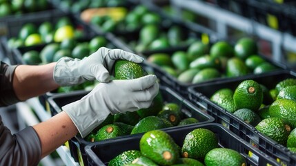 Hand working on fresh avocado fruit in crate in a fruit produce factory assembly packaging line