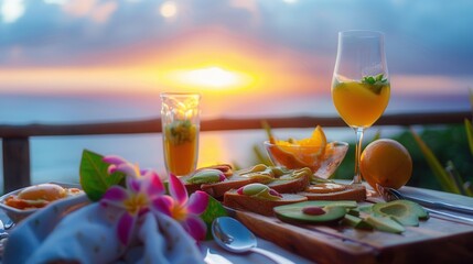 Luxury meal on table with sea with beautiful sunset