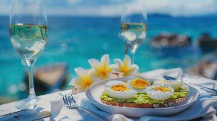 Luxury meal on table with sea