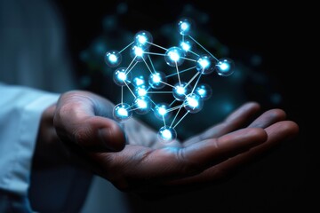 Wall Mural - a person's hand holding a glowing blue network of connected spheres. the network is a symbol of inte
