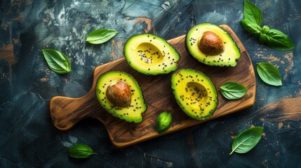 Fresh avocado fruit on wooden cutting board