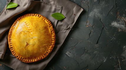 Wall Mural - Golden brown pie on gray cloth with green leaves textured dark surface