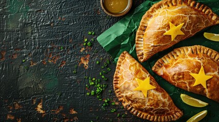 Wall Mural - Golden, baked pastries with star toppings on green paper