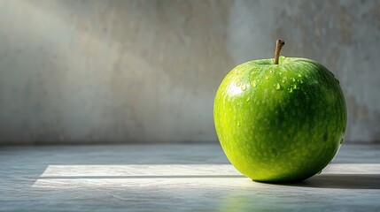 Wall Mural - green apple fruit closeup on a minimalist kitchen counter backdrop. Ideal for healthy eating and weight loss and fitness management projects. Food background for product mockup and text. 