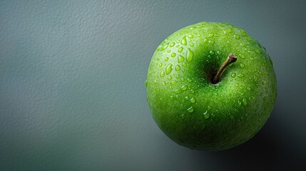 Wall Mural - green apple fruit closeup on a minimalist kitchen counter backdrop. Ideal for healthy eating and weight loss and fitness management projects. Food background for product mockup and text. 