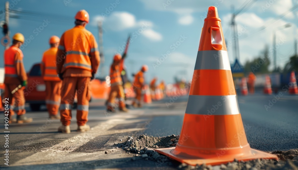 Road Construction Workers Directing Traffic Ensuring Safety and Smooth ...