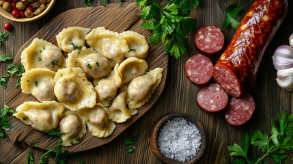 Wall Mural - delicious pierogi and kielbasa, traditional polish food