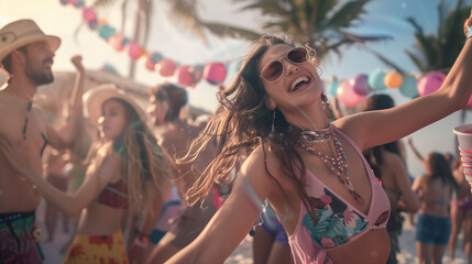 Sticker - a 2020s style ,happy girl is dancing at a party on the tropical rave