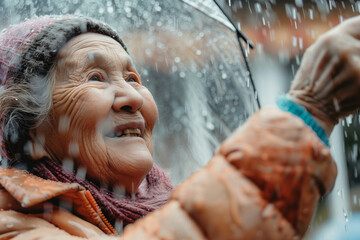 Sticker - elderly woman, in rainstorm with transparent umbrella enjoy the rain with smile