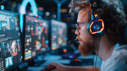 Canvas Print - side profile view of gamer wearing a headset