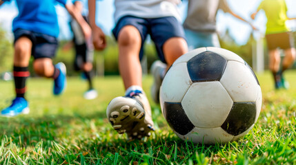 Close up Hildren playing soccer in the park on the green grass, view of the feet kicking the ball during a training session on a sunny day