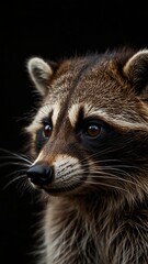 Wall Mural - raccoon on plain black background with copy space backdrop portrait