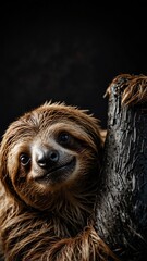 Wall Mural - sloth on plain black background with copy space backdrop portrait